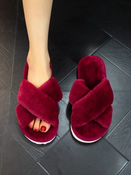 Fluffy Indoor Cross Vamp Slippers For Girls