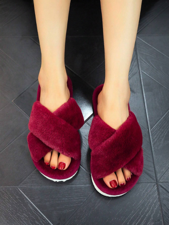 Fluffy Indoor Cross Vamp Slippers For Girls