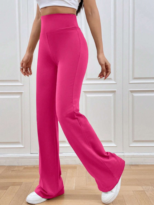 EZwear Spring And Summmer Solid Rose Red Flare Leg Slim Fit Long Pants