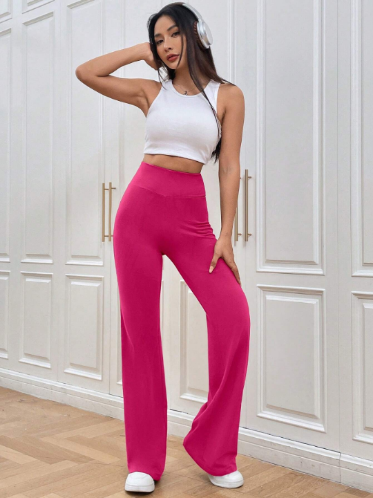 EZwear Spring And Summmer Solid Rose Red Flare Leg Slim Fit Long Pants