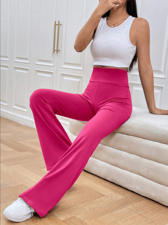 EZwear Spring And Summmer Solid Rose Red Flare Leg Slim Fit Long Pants