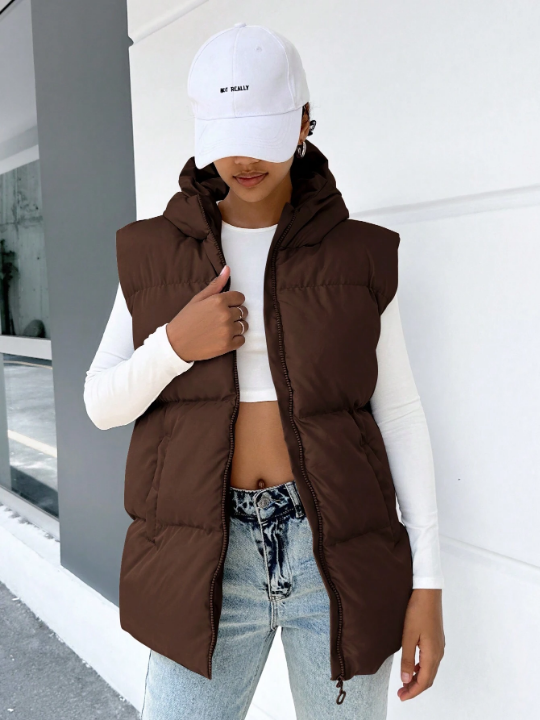 Frenchy Zip Up Sleeveless Hooded Puffer Vest Coat