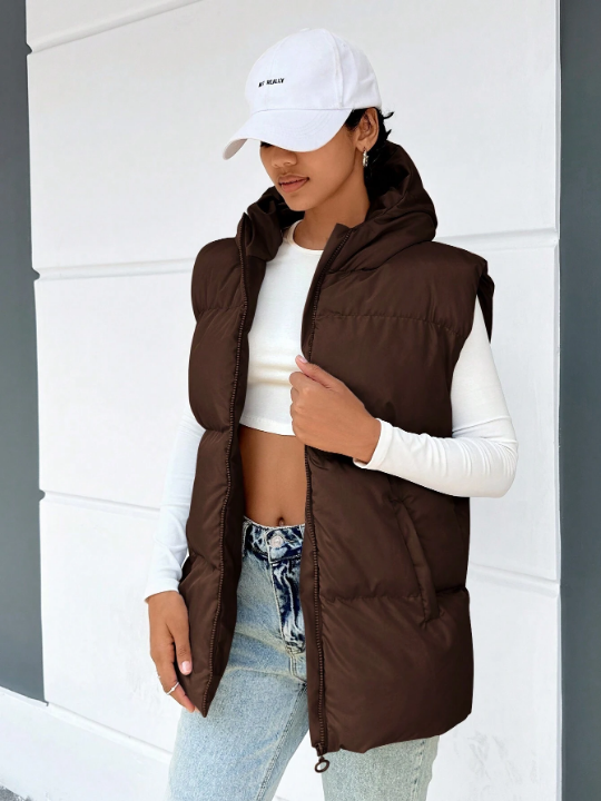 Frenchy Zip Up Sleeveless Hooded Puffer Vest Coat