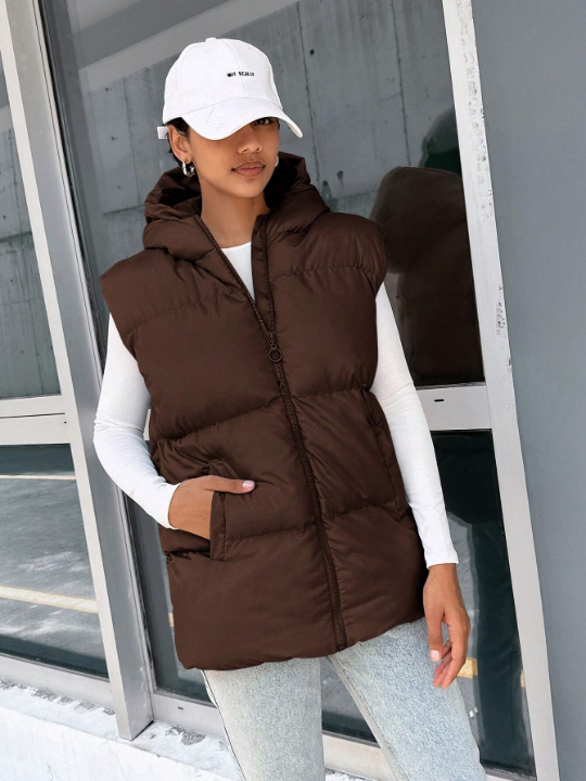 Frenchy Zip Up Sleeveless Hooded Puffer Vest Coat