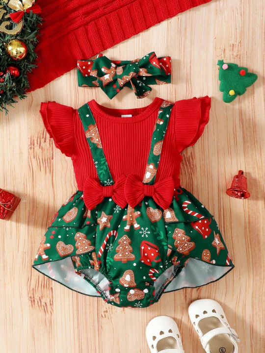 Baby Girl Christmas Print Ruffle Trim Bow Front 2 In 1 Bodysuit & Headband