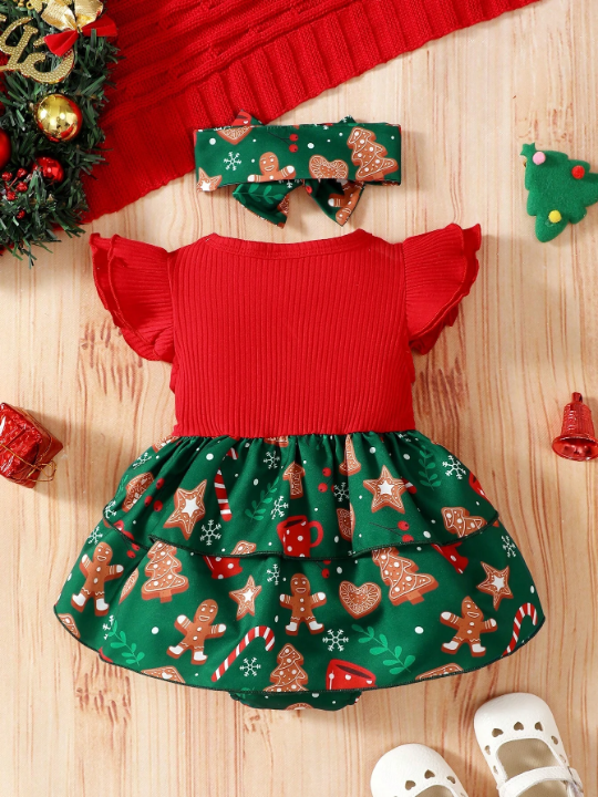 Baby Girl Christmas Print Ruffle Trim Bow Front 2 In 1 Bodysuit & Headband