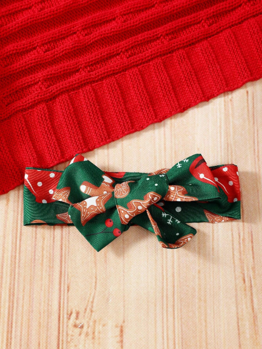 Baby Girl Christmas Print Ruffle Trim Bow Front 2 In 1 Bodysuit & Headband