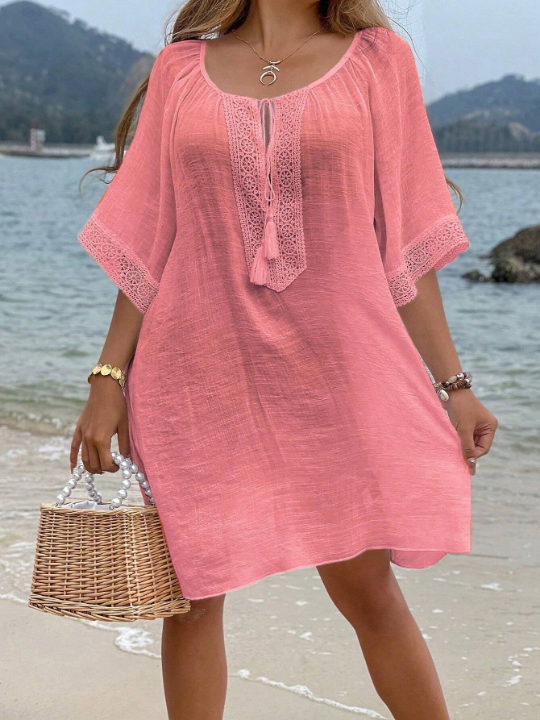 VCAY Tassel Tie Neck Raglan Sleeve Cover Up Dress