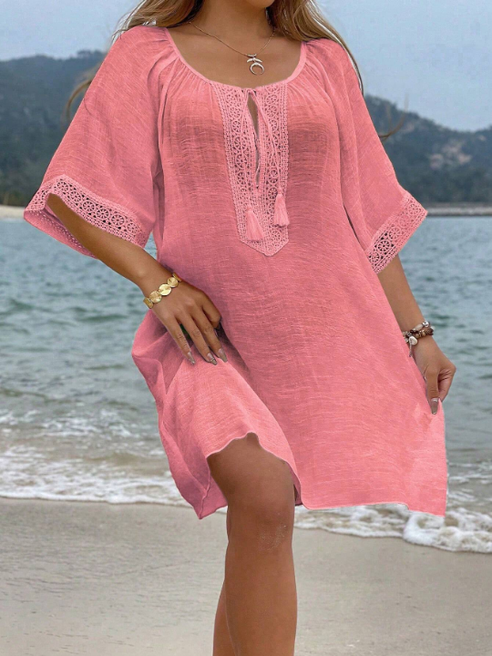 VCAY Tassel Tie Neck Raglan Sleeve Cover Up Dress