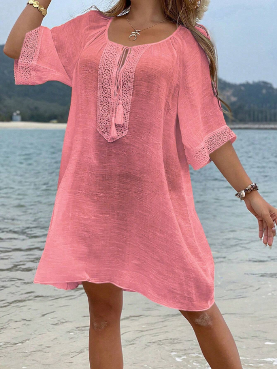 VCAY Tassel Tie Neck Raglan Sleeve Cover Up Dress