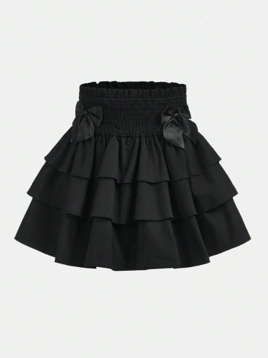 Tween Girl Paperbag Waist Bow Front Layered Hem Skirt