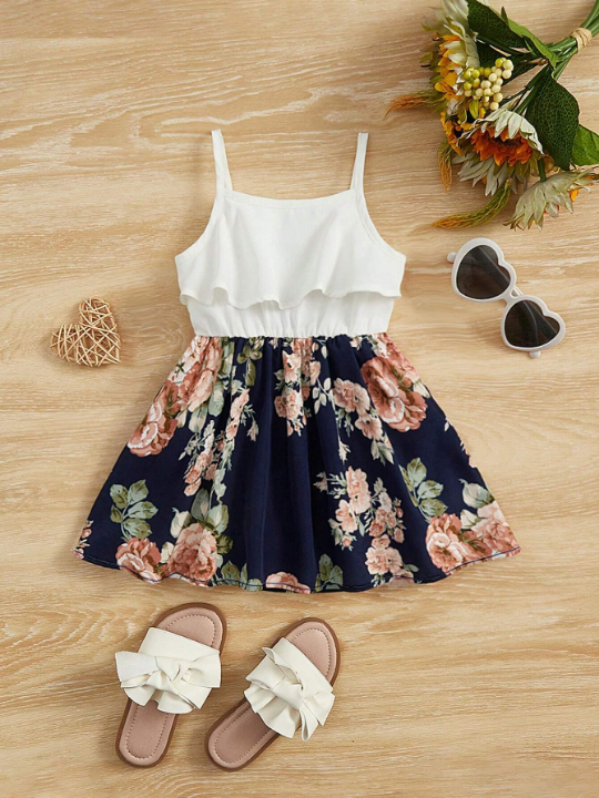 Baby Floral Print Ruffle Trim Cami Dress