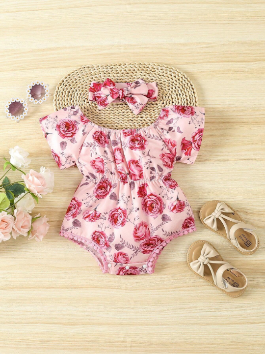 Baby Girl Floral Print Puff Sleeve Bodysuit & Headband