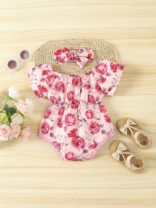 Baby Girl Floral Print Puff Sleeve Bodysuit & Headband