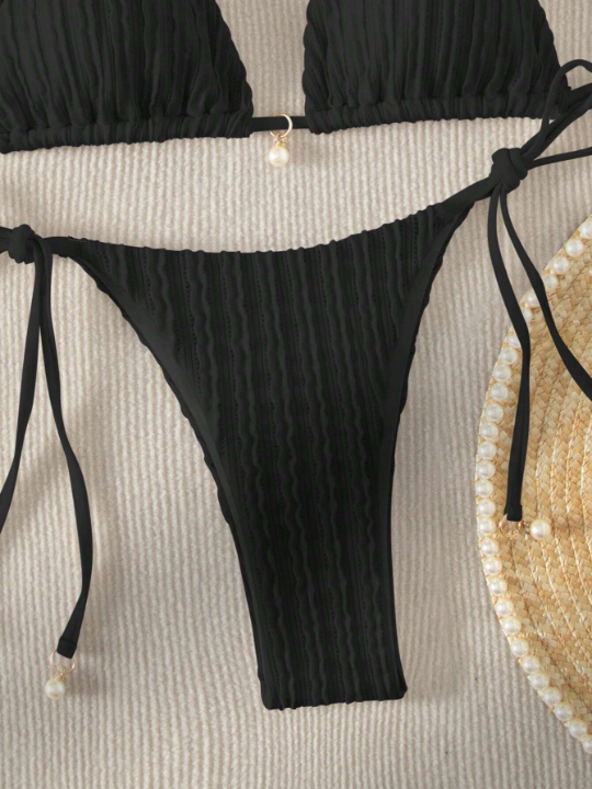 Faux Pearl Decor Halter Triangle Bikini Swimsuit