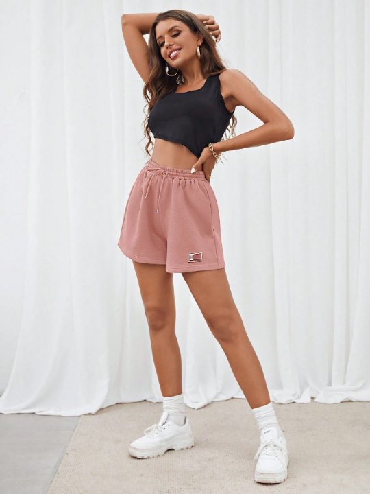 EZwear Drawstring Waist Patched Detail Shorts