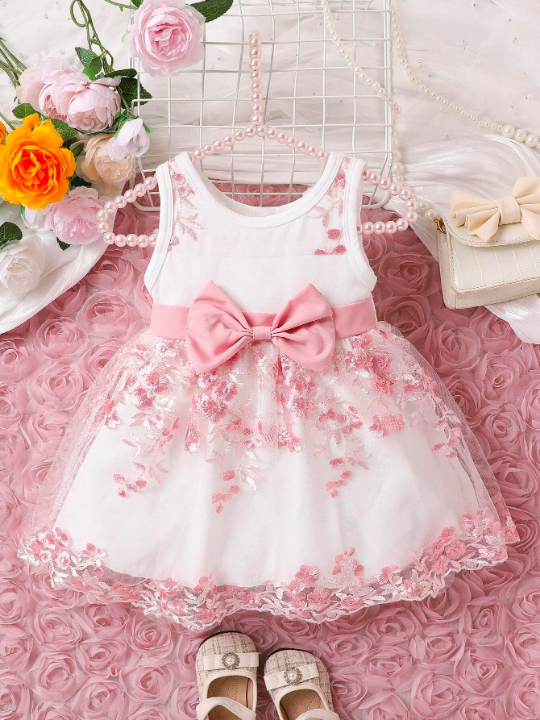 Baby Girl Floral Embroidery Mesh Overlay Bow Front Dress