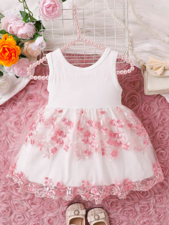 Baby Girl Floral Embroidery Mesh Overlay Bow Front Dress