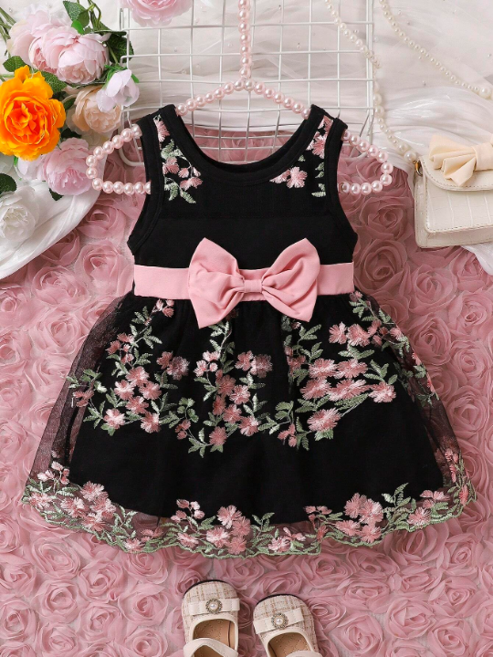 Baby Girl Floral Embroidery Mesh Overlay Bow Front Dress