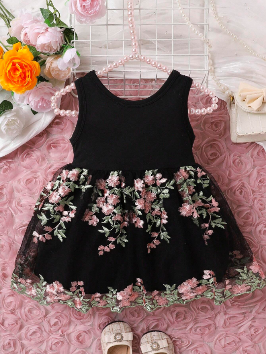 Baby Girl Floral Embroidery Mesh Overlay Bow Front Dress