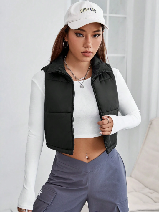 PETITE Zip Up Crop Vest Puffer Coat