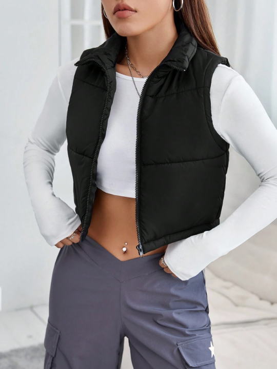 PETITE Zip Up Crop Vest Puffer Coat