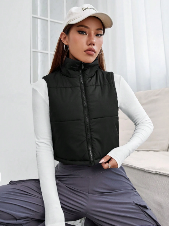 PETITE Zip Up Crop Vest Puffer Coat