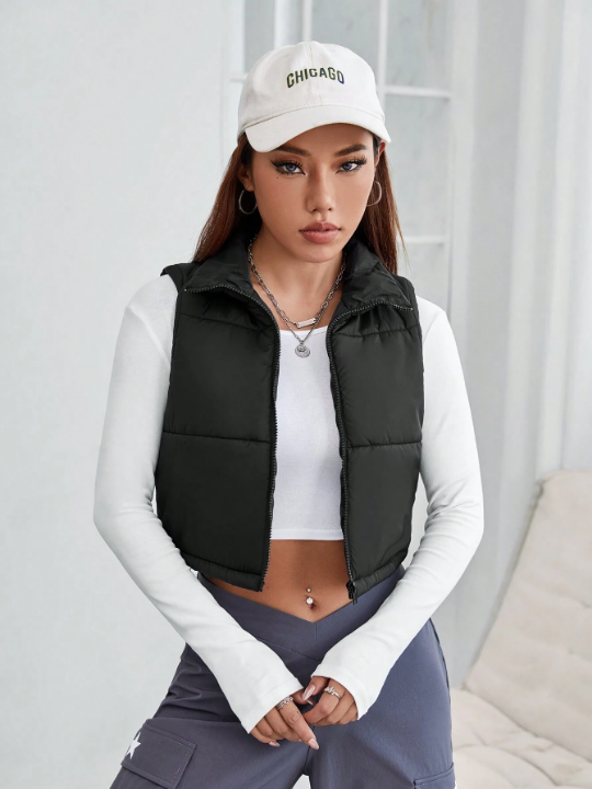 PETITE Zip Up Crop Vest Puffer Coat