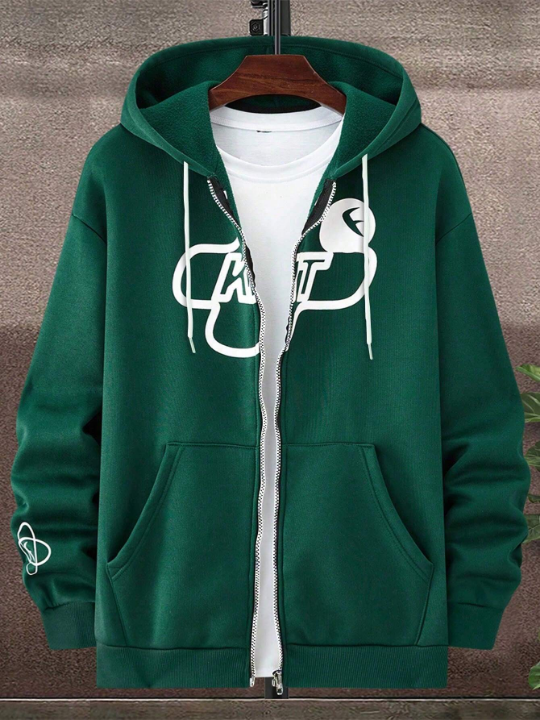 Manfinity Homme Loose Fit Men's Letter Graphic Zipper Up Drop Shoulder Hoodie