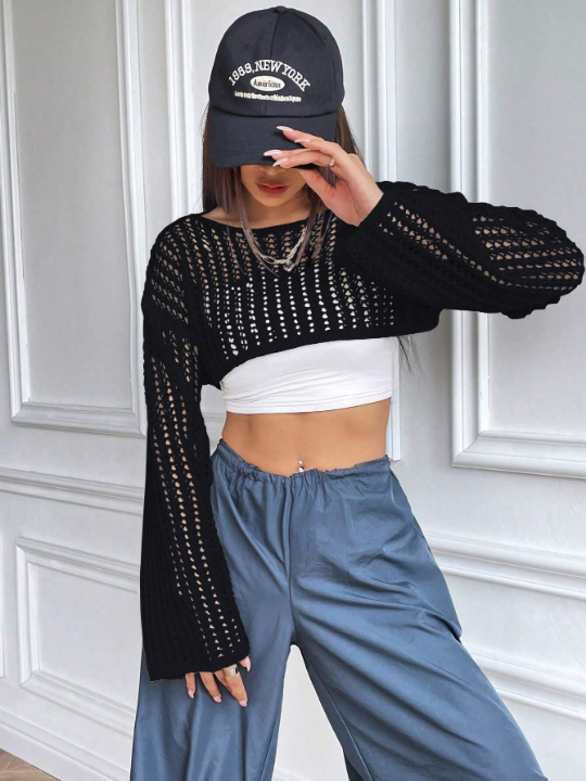 1pc Open Knit Drop Shoulder Crop Sweater Without Cami