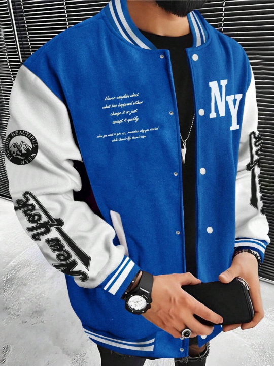 Manfinity Homme Men Slogan Graphic Two Tone Varsity Jacket