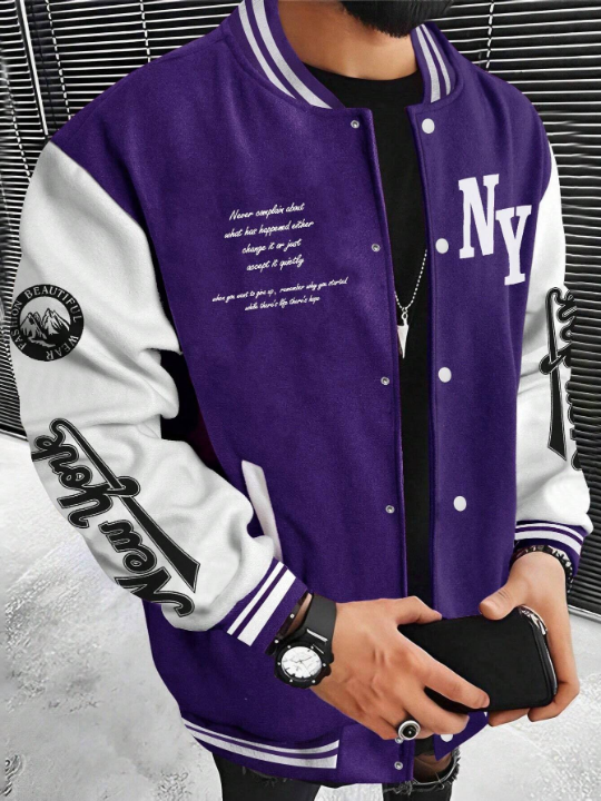 Manfinity Homme Men Slogan Graphic Two Tone Varsity Jacket