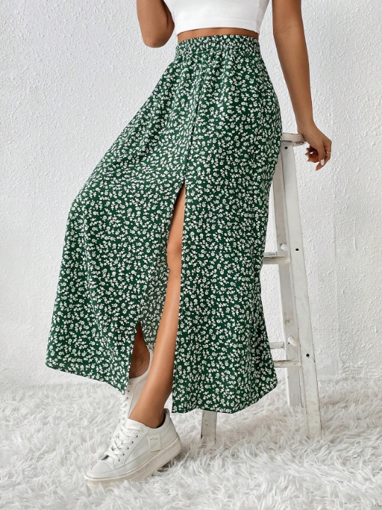 PETITE Ditsy Floral Print Split Thigh Skirt