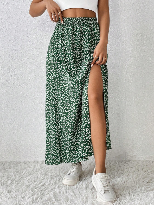 PETITE Ditsy Floral Print Split Thigh Skirt