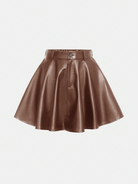 Teen Girls' Solid Color Casual Mid-Waist Pu Leather Flared Skirt