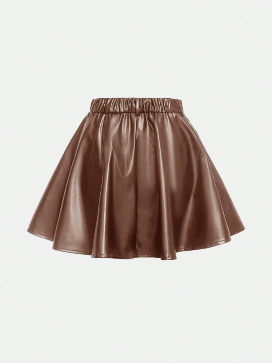 Teen Girls' Solid Color Casual Mid-Waist Pu Leather Flared Skirt