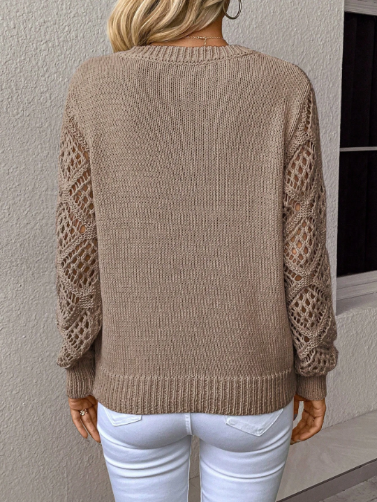 LUNE Solid V Neck Pointelle Knit Sweater