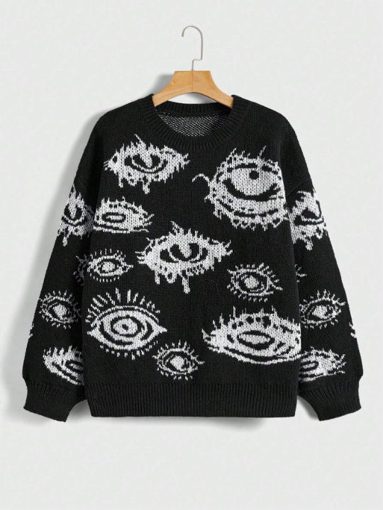 ROMWE Grunge Punk Eye Pattern Drop Shoulder Sweater