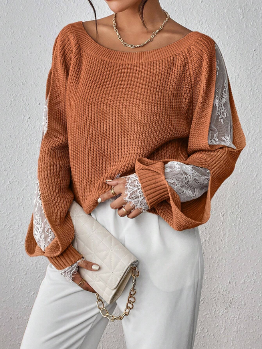 Priv Contrast Lace Raglan Sleeve Sweater