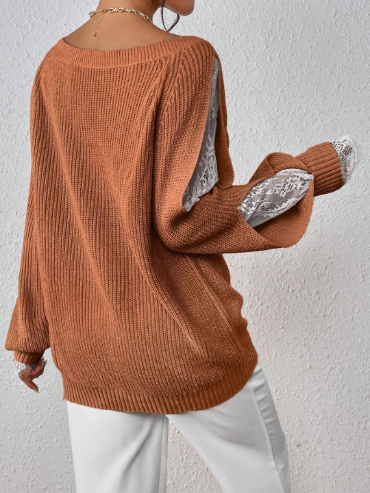 Priv Contrast Lace Raglan Sleeve Sweater