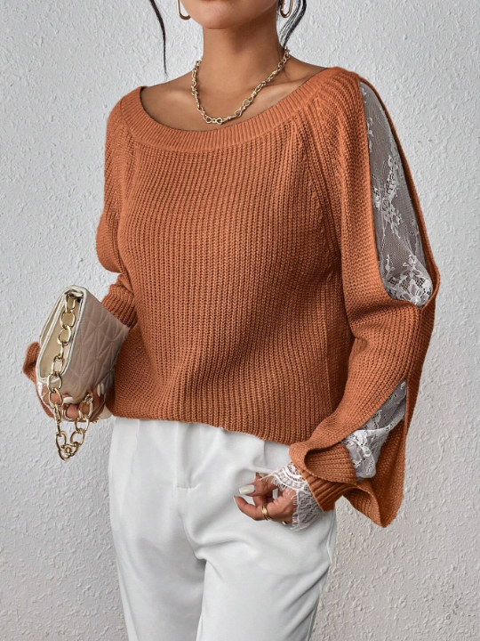 Priv Contrast Lace Raglan Sleeve Sweater