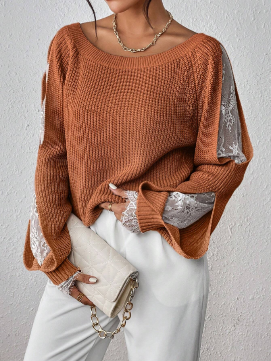 Priv Contrast Lace Raglan Sleeve Sweater