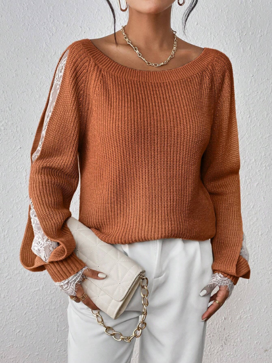 Priv Contrast Lace Raglan Sleeve Sweater