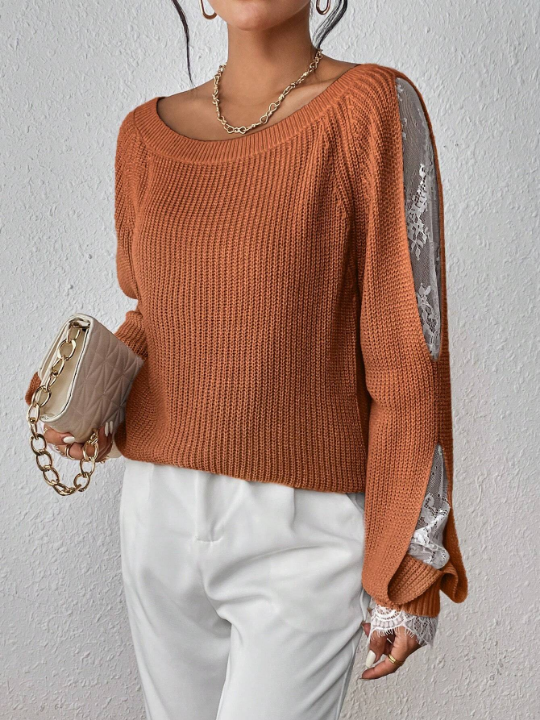 Priv Contrast Lace Raglan Sleeve Sweater