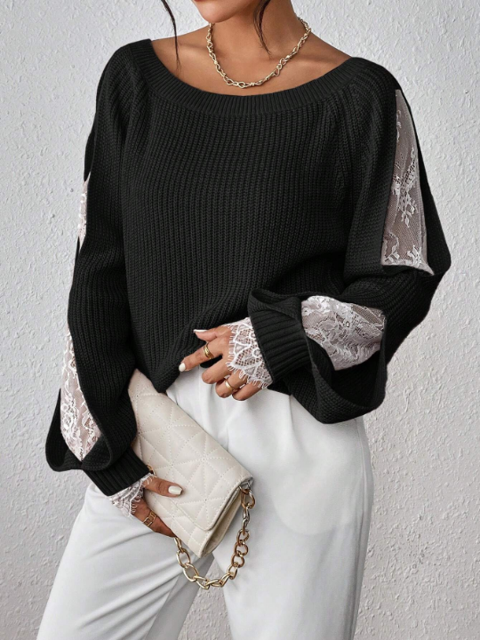 Priv Contrast Lace Raglan Sleeve Sweater