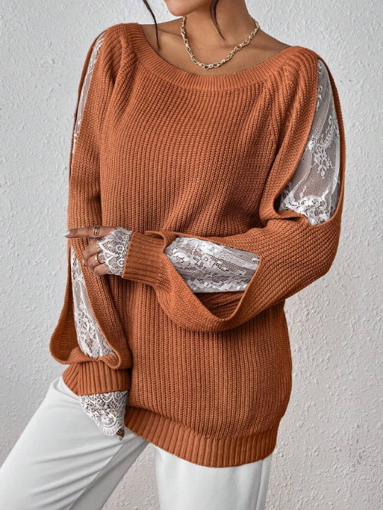 Priv Contrast Lace Raglan Sleeve Sweater