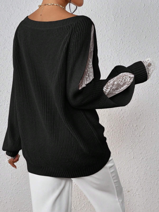 Priv Contrast Lace Raglan Sleeve Sweater