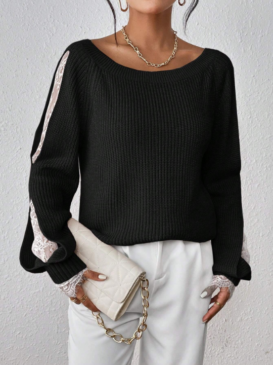 Priv Contrast Lace Raglan Sleeve Sweater