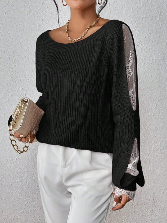 Priv Contrast Lace Raglan Sleeve Sweater