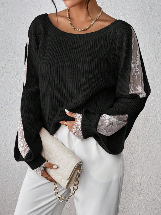 Priv Contrast Lace Raglan Sleeve Sweater